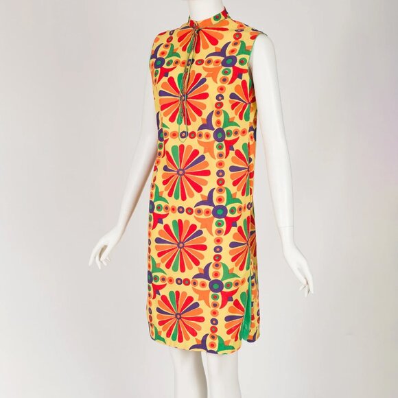 1960s Vintage Geometric Print Indian Cotton Shift Dress by India Pona Sz S M - Picture 3 of 8